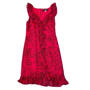 Karl Lagerfeld Paris Pink & Black Polka Dot Floral Ruffled V-Neck Dress. Size 4.